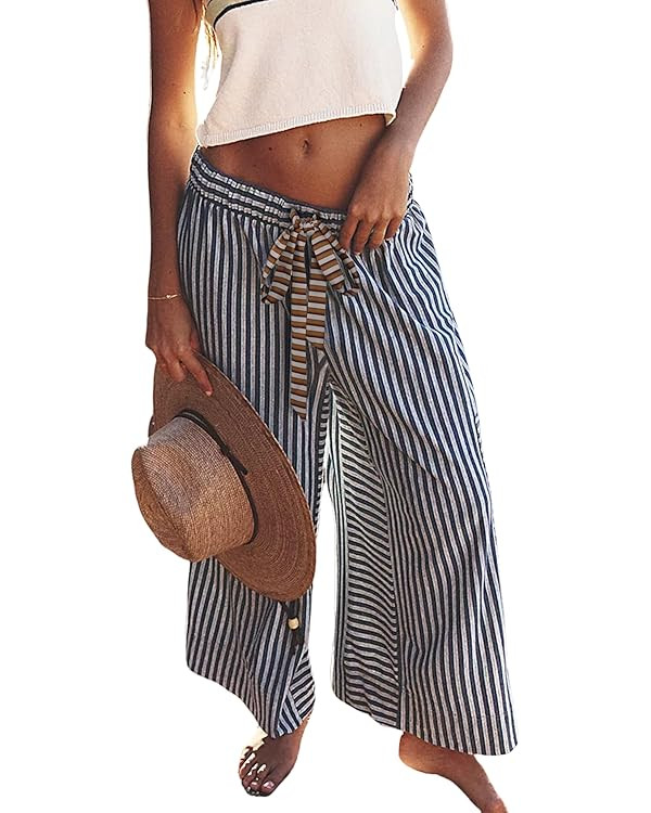 Bankeng Women Drawstring Striped Pants Loose Wide Leg Lounge Pants Casual Palazzo Pants Trousers ... | Amazon (US)