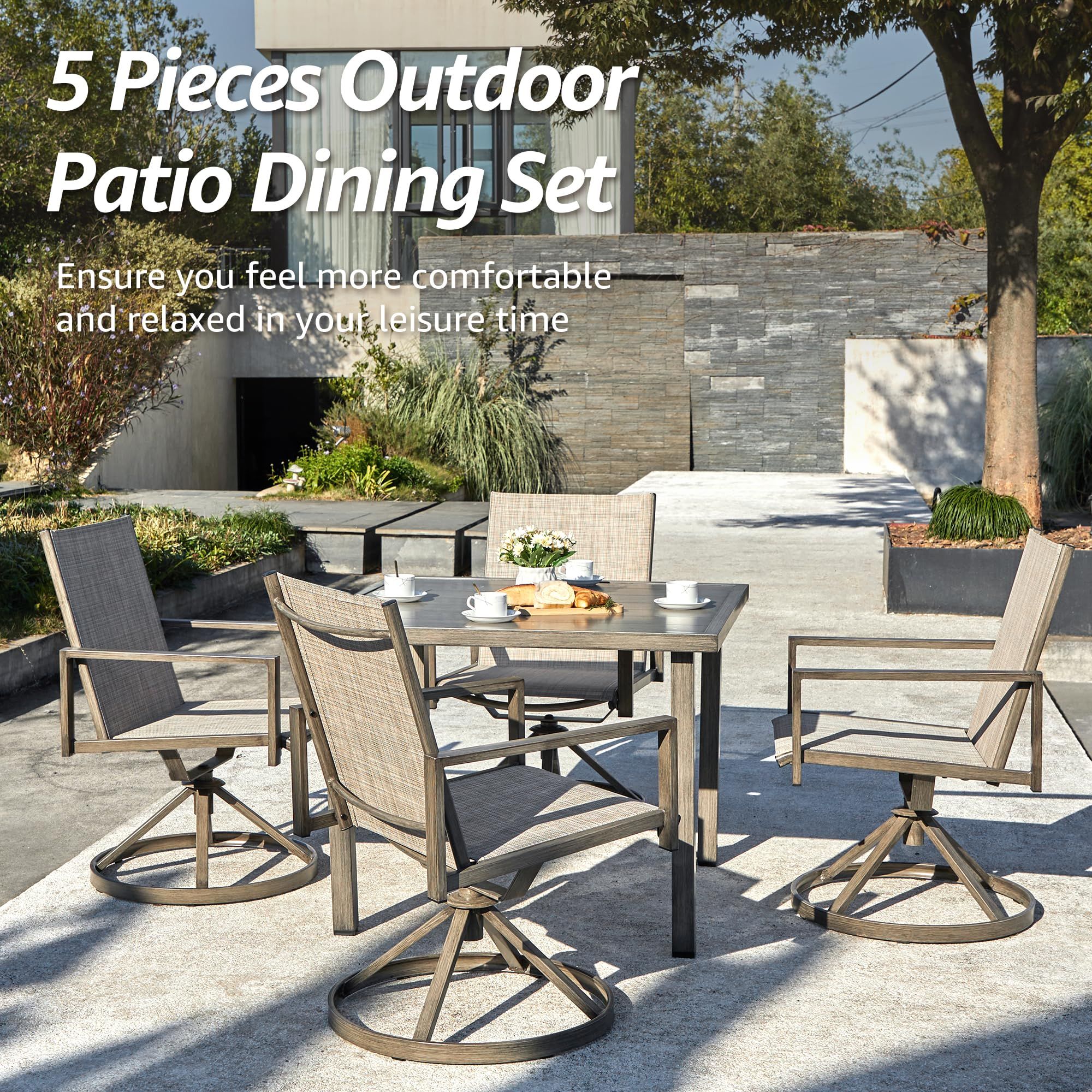 NATURAL EXPRESSIONS Patio Swivel Dining Set of 5, 4-Piece Mesh Sling High Back Chairs, 1-Piece 38... | Amazon (US)