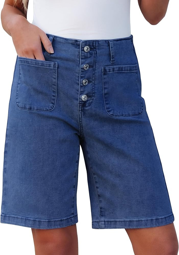 luvamia Bermuda Shorts for Women Jean High Waisted Trendy Patch Pockets Casual Summer Button Fly ... | Amazon (US)