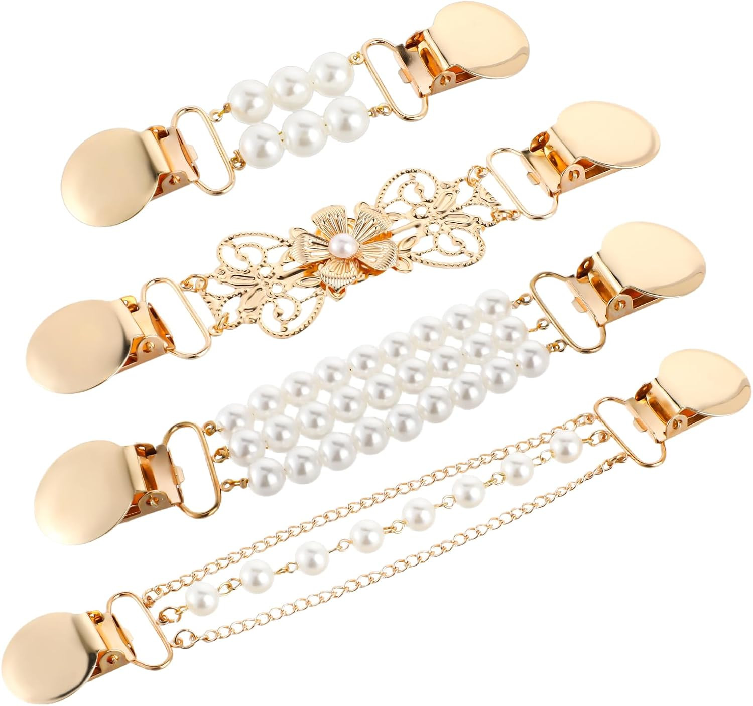 4pcs Pearl Dress Clips 4 Style Back Cinch Clips Set Vintage Sweater Pearl Brooch Dress Shirt Ties for Women Sweater Cardigan | Amazon (US)
