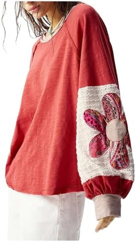 BEAUDRM Women's Oversized Sweatshirt Boho Tops Patchwork Crewneck Sweatshirt Floral Long Sleeve P... | Amazon (US)