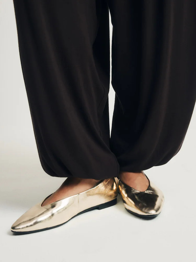 The Set Almond Toe Ballet Flats Gold Leather | Next US