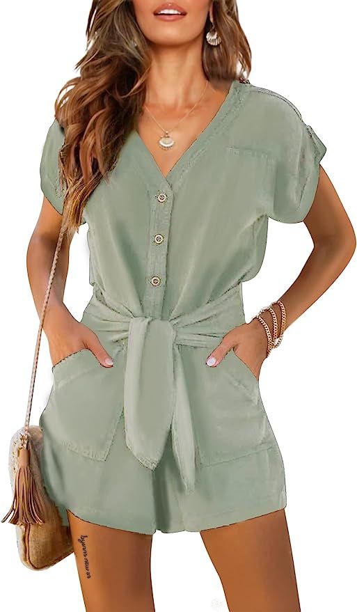 Byinns Women's Summer V Neck Casual Button Belted Rompers Short Sleeve Wrap Beach Short Jumpsuits... | Amazon (US)