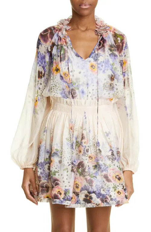 Zimmermann Tama Flower Collar Cotton & Silk Blouse in Purple Pansy Print at Nordstrom, Size 0P | Nordstrom