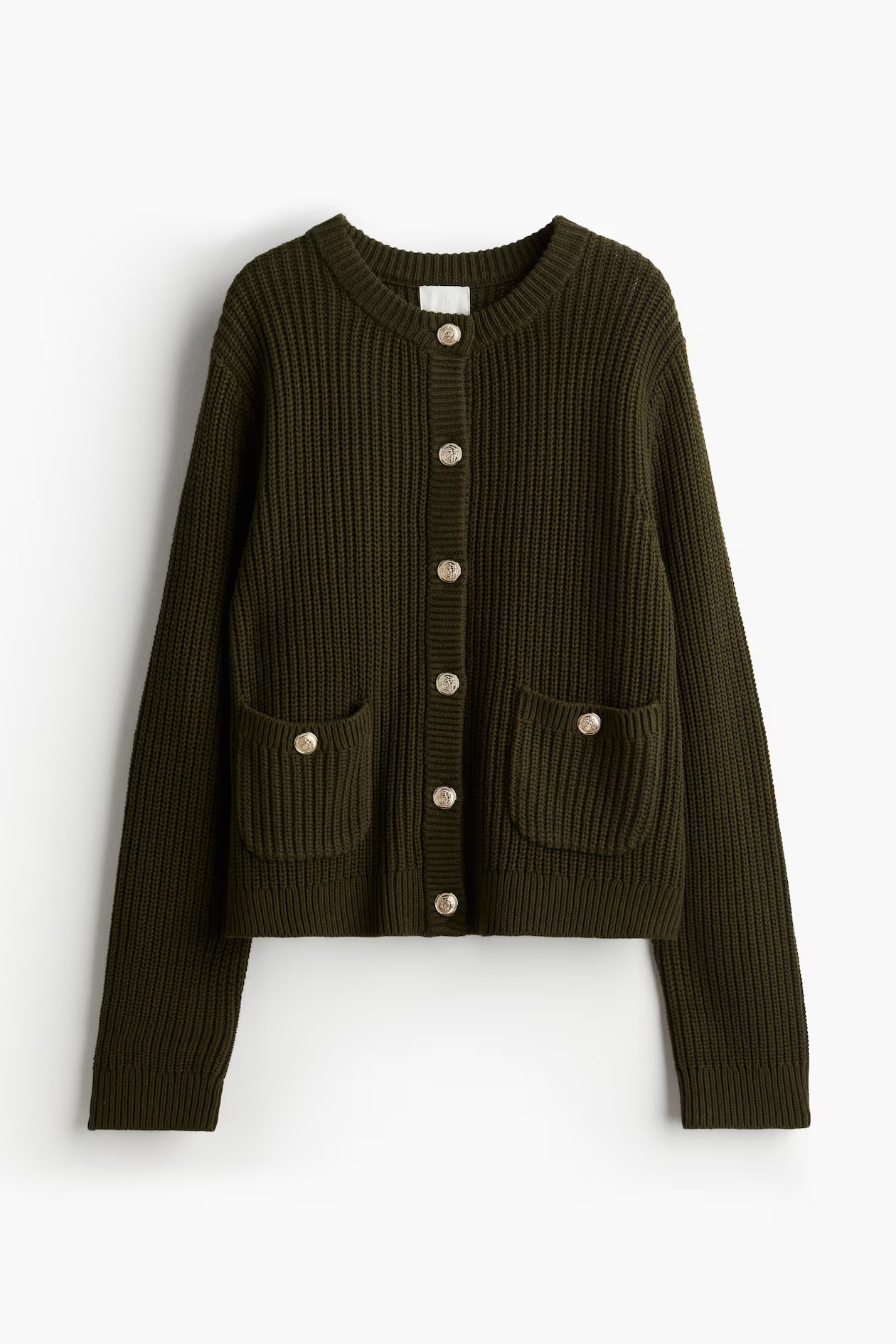 Rib-knit cardigan - Round neck - Long sleeve - Dark green - Ladies | H&M GB | H&M (UK, MY, IN, SG, PH, TW, HK)