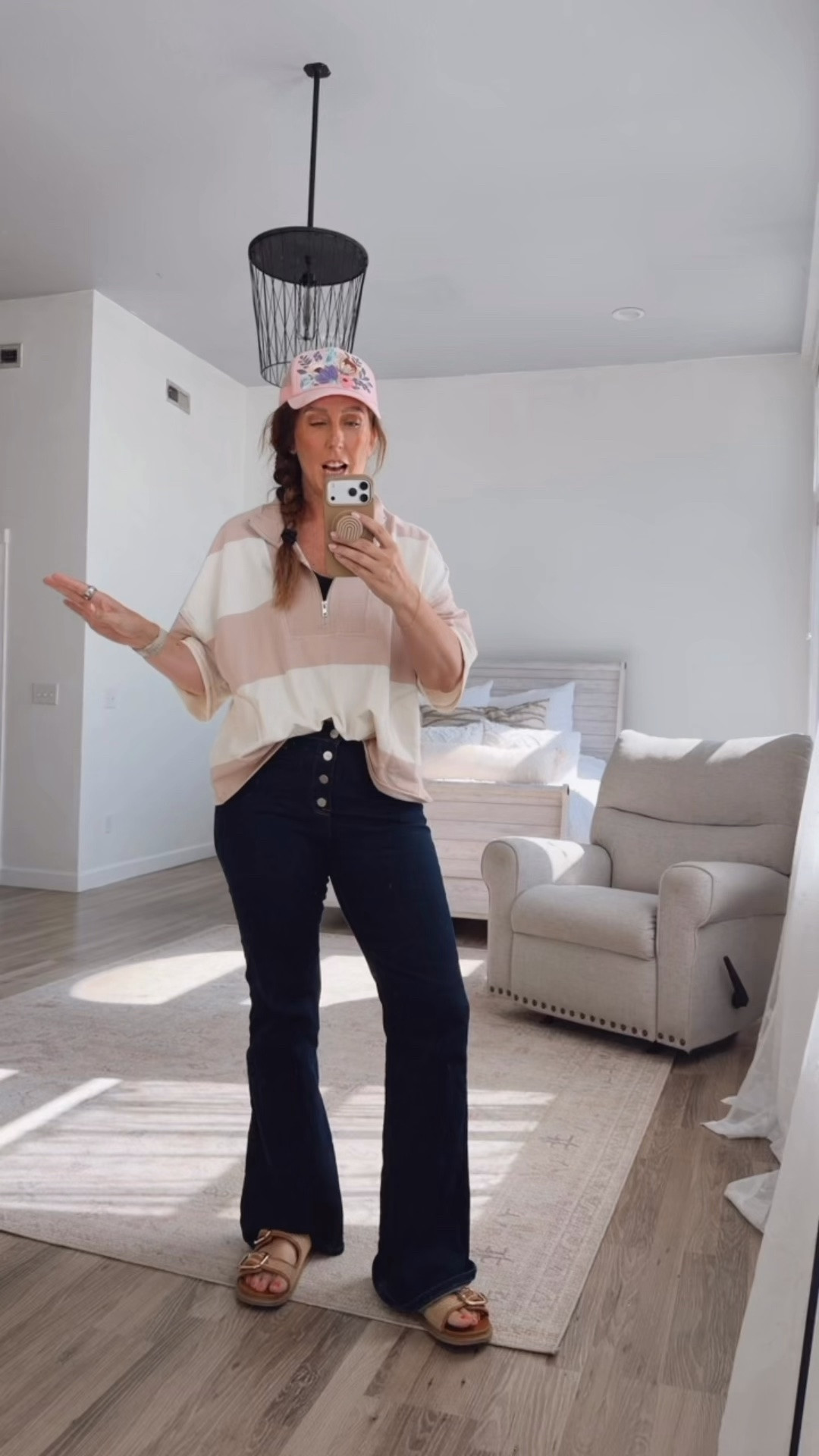 She’s been out and about early this morning. It’s spring but it’s chilly so we’re balancing seasons. Jeans from Red Raccoon and the top is from an Amazon set, with a hat hand painted by a friend!

#LTKootd #LTKTall #LTKMidsize
