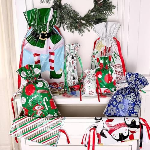 Christmas Drawstring Gift Bags, Reusable Santa Xmas Wrapping Bags Bulk with Tags for Candy, 100PCS Holiday Gift Wrap Bags, Presents, Treats, Toys, Family & Party Gifts | Amazon (US)