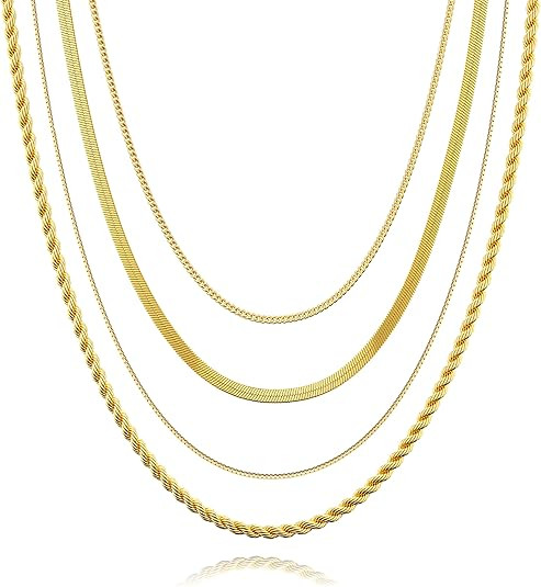 Tewiky Layered Necklaces for Women Non Tarnish- Chunky 14k Gold Plated Herringbone/Snake/Rope/Box... | Amazon (US)