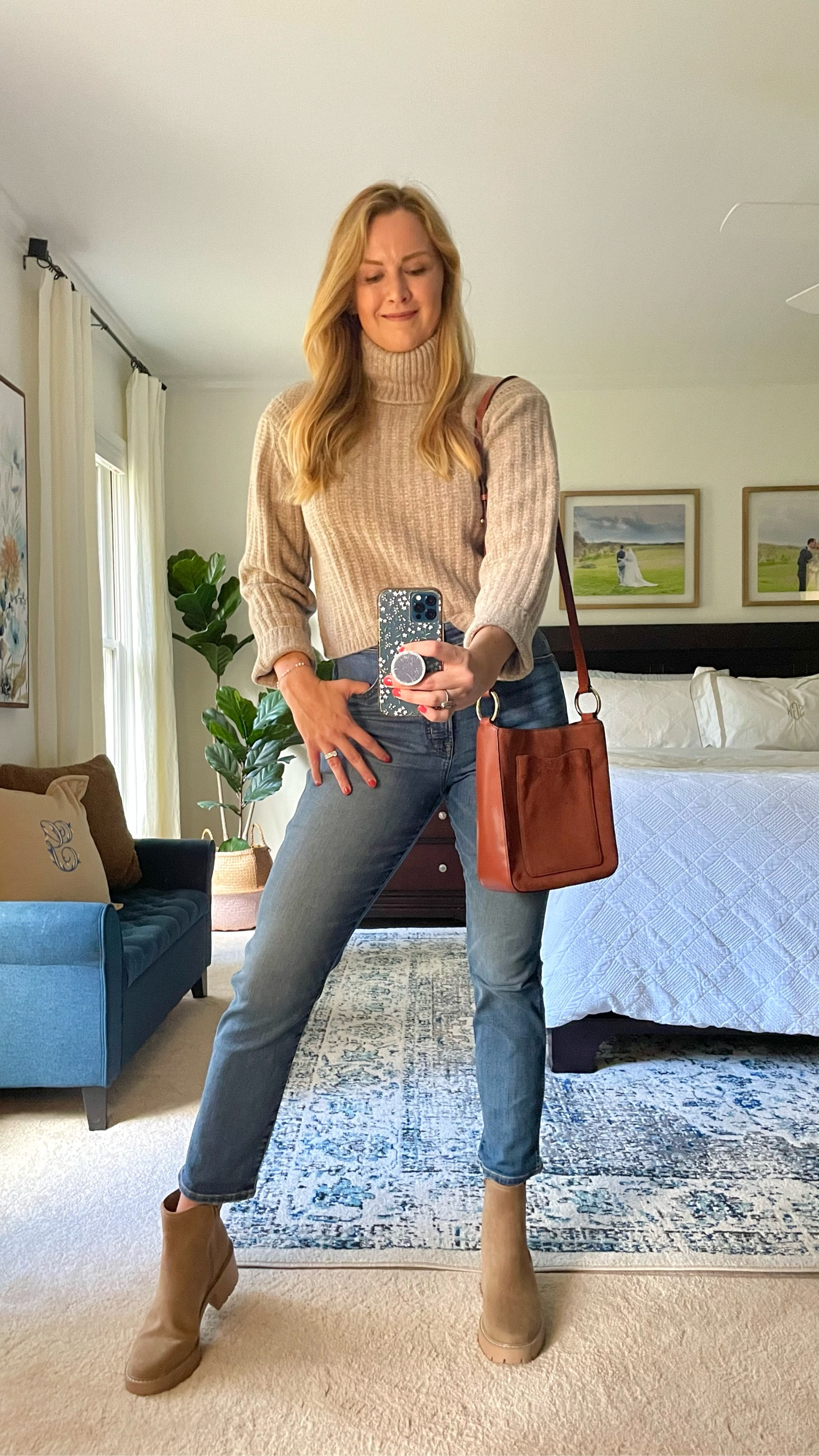 What I’m wearing this weekend - cozy (cashmere like) cropped turtleneck sweater. I sized down two sizes. Color is tan & comes in charcoal, white, pink & purple. Also comes in crewneck version.

High waisted straight leg jeans are the best I’ve found in a long time. Got my normal jean size and they fit perfectly. Come in a darker blue denim wash and black.

Chunky taupe boots have inner zip so they go on easy. Affordable look a like of Steve Madden style. Fit true to size.

Sweater & boots are under $40.

Casual fall outfit idea


#LTKfindsunder50 #LTKSeasonal #LTKshoecrush