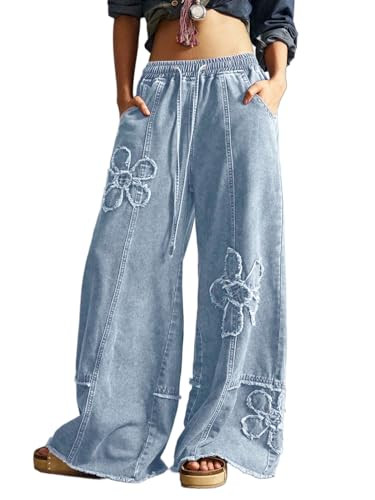 CHARTOU Baggy Wide Leg Jeans Women Drawstring Elastic High Waisted Distressed Floral Denim Pants ... | Amazon (US)
