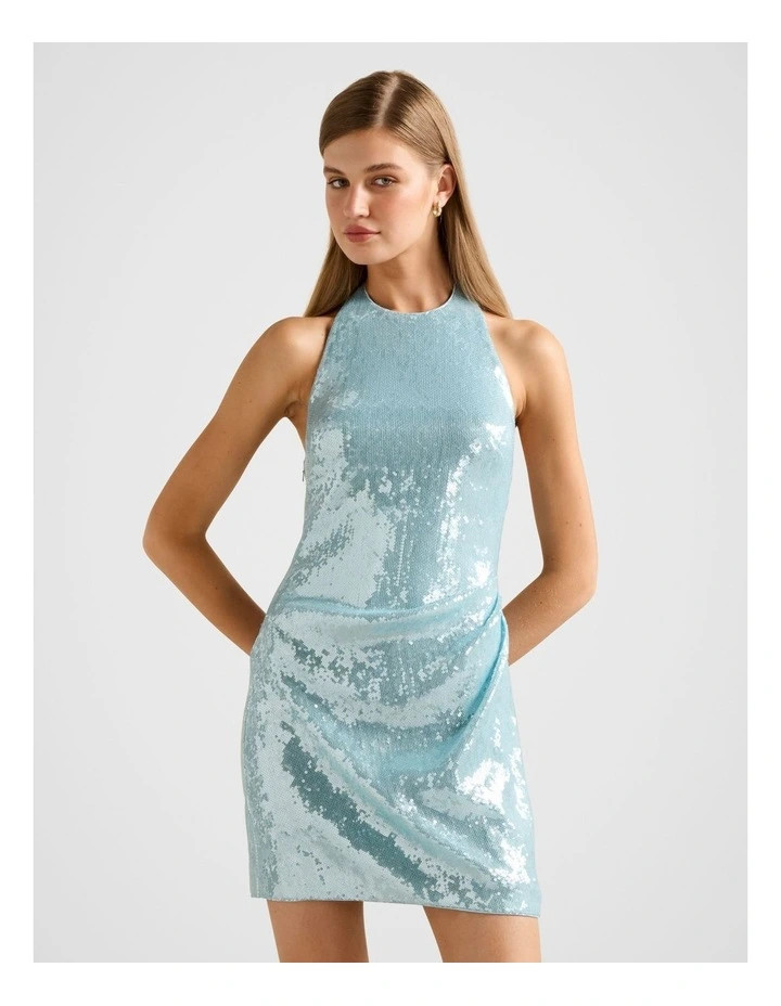 Tate Sequin Halter Neck Mini Dress in Blue | Myer