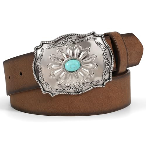 TRIWORKS Women's Western Leather Belt Vintage Turquoise Buckle Brown Belt Cowboy Cowgirl Faux Leather Belt | Amazon (US)