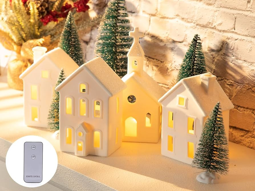 9 Pcs Christmas Village Figurines Sets - 4 Lighted Ceramic Houses with Remote Control & 5 Trees -... | Amazon (US)