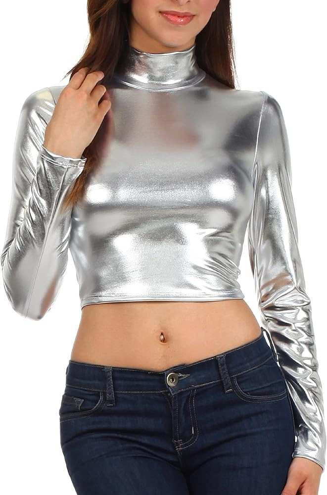 Sakkas Metallic Liquid Mock Neck Turtleneck Long Sleeve Crop Top - Made in USA | Amazon (US)