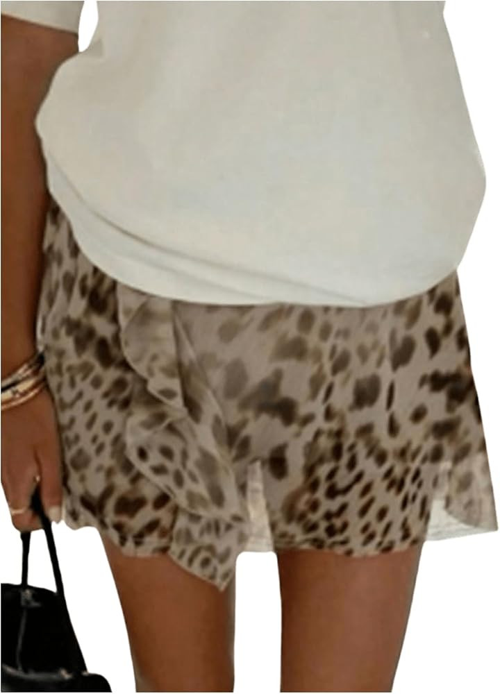 GORGLITTER Women's Cheetah Leopard Print Mesh Mini Skirt Y2k Ruffle Sheer Flowy Skort | Amazon (US)