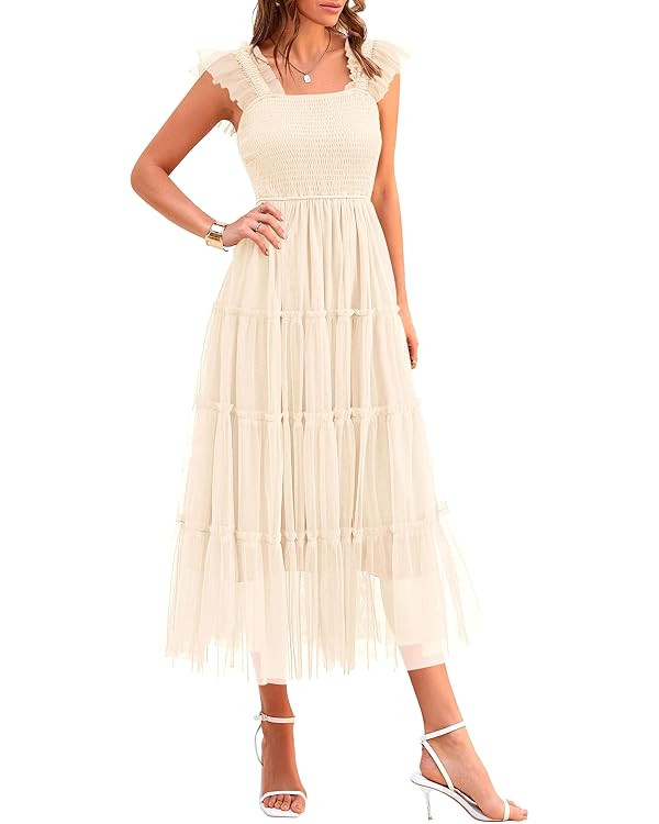 PRETTYGARDEN Women's Summer Tulle Midi Dress Sleeveless Smocked Ruffle Flowy Mesh Dresses Party W... | Amazon (US)