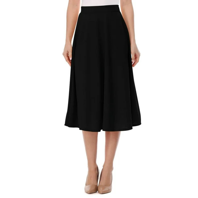 Women's A-Line Casual Flared High Waist Elastic Band Solid Midi Skirt | Walmart (US)