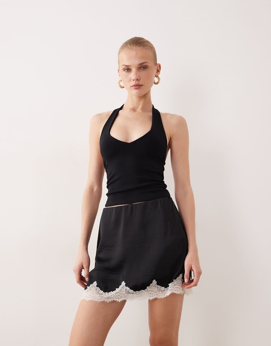 Abercrombie & Fitch lace trim satin mini skort in black | ASOS (Global)