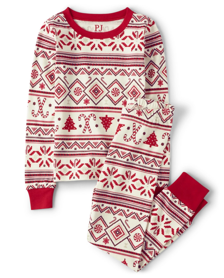 Unisex Kids Matching Family Candy Cane Fairisle Snug Fit Cotton Pajamas - marshmallow | The Children's Place