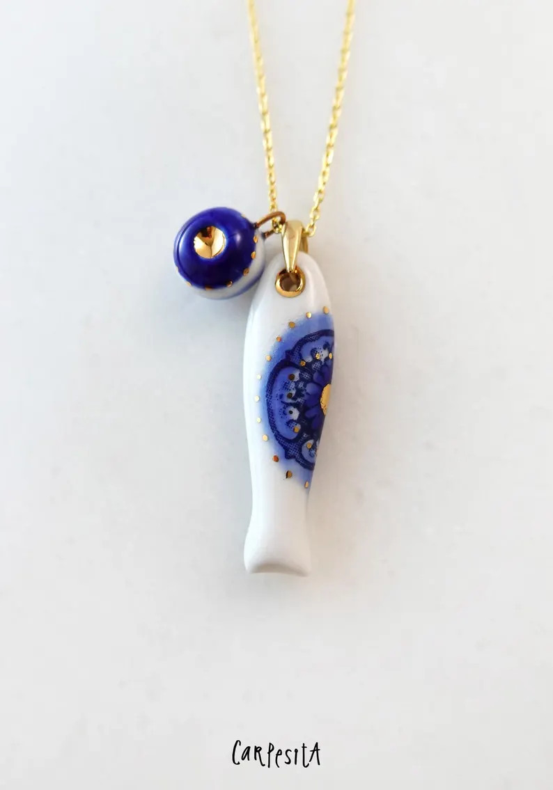 Porcelain Sardine Necklace With Evil Eye Charm, Blue Jewelry, Good Luck Charm - Etsy | Etsy (Global)
