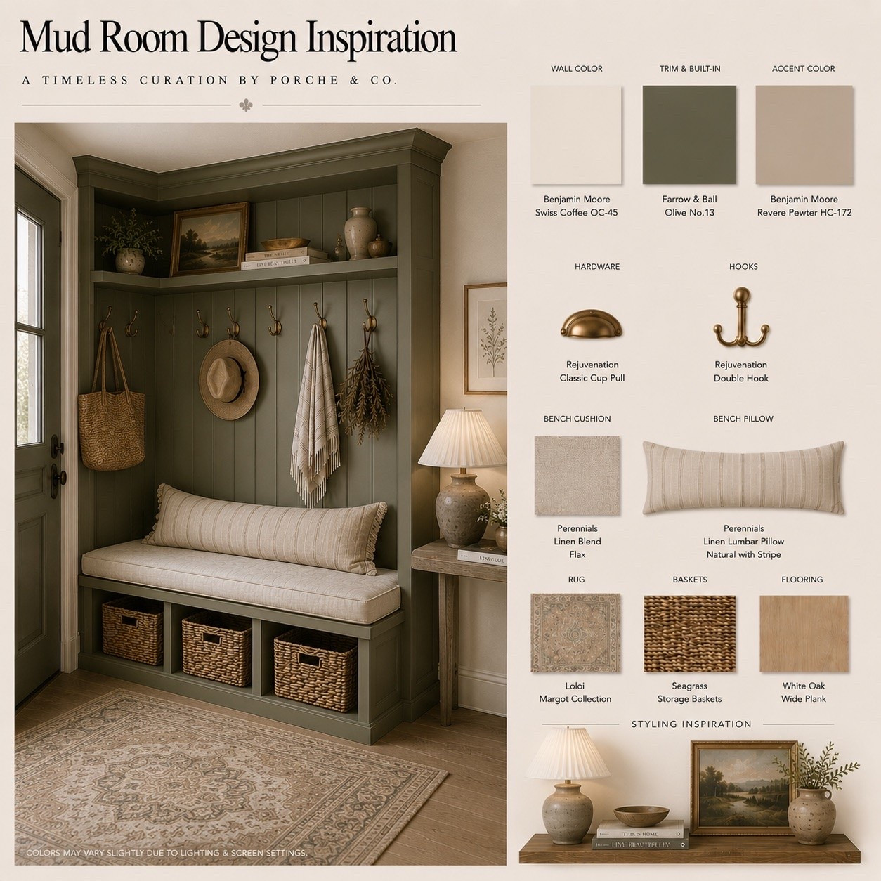 Warm, timeless, and full of thoughtful details 🤎 This mud room pairs an olive built-in with brass hardware and hooks, a cozy linen bench cushion and lumbar pillow, woven storage baskets, a vintage-inspired rug, and warm wood flooring. The ceramic table lamp and collected styling pieces bring in that perfectly lived-in finishing touch.

#porcheandco #MudRoomDesign #MudRoomInspo #HomeDecor #InteriorDesign

#LTKHome #LTKvlog