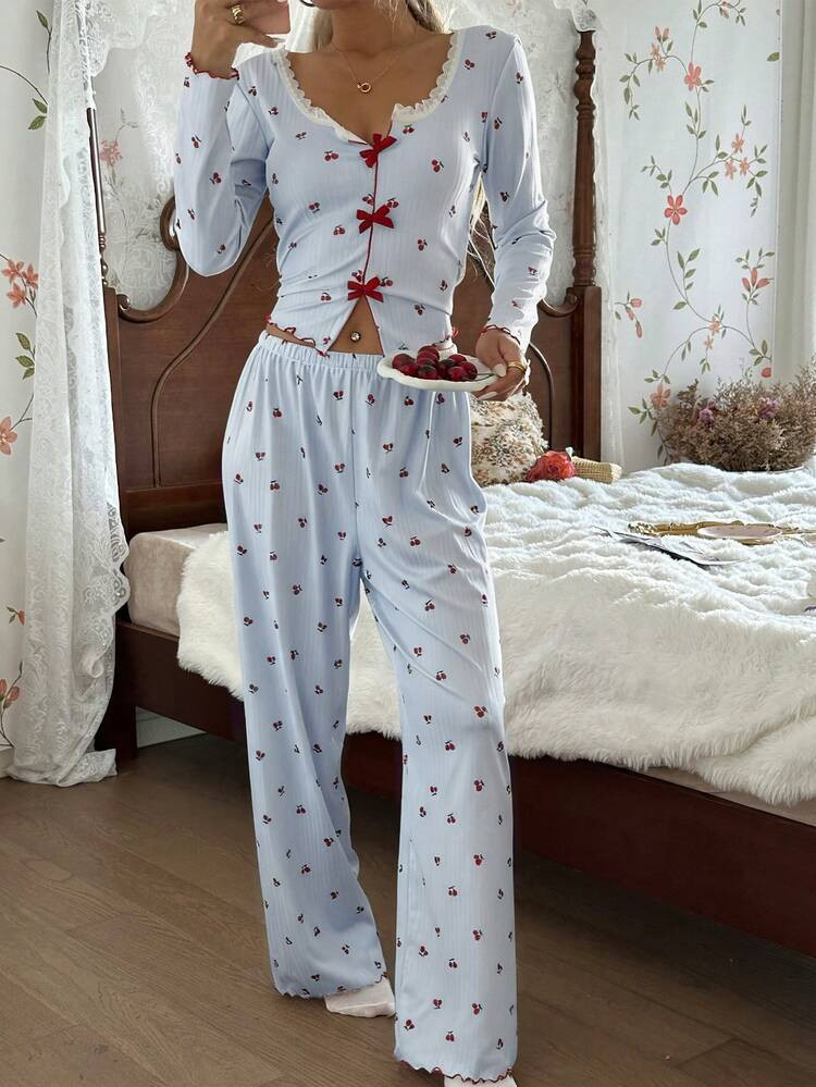 CottageSlumber Women's Romantic Lace Fitted V-Neck Cherry Print Top & Pants Pajama Set, Fall & Winter Clothes | SHEIN