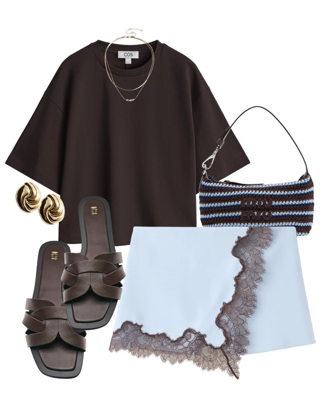 LACE STYLING- Brown body t-shirt, blue skirt with brown lace, flat sandals and crochet Miu Miu pouch bag. Date night look, holiday evening outfit, blue and brown, mango, cos, pull & bear, summer fashion

#LTKsummer #LTKeurope #LTKdatenight