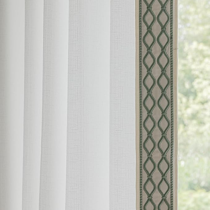 White Colour Linen Curtain Panels with Embroidered Trim Design, Pinch Pleat Curtains, Semi-Sheer ... | Amazon (US)