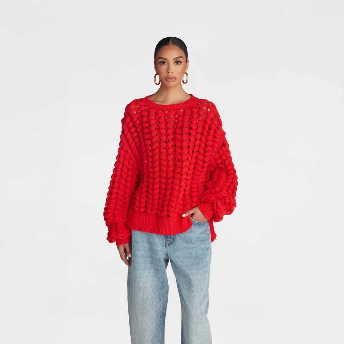 KBB by KAHLANA Women's Pullover Sweater 'The Chunky Knit Crew' - Red S | Target