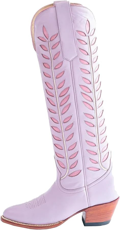 Embroidered Cowboy Boots for Women Almond Round Toe Chunky Heel Cowgirl Boots Pull On Knee High W... | Amazon (US)