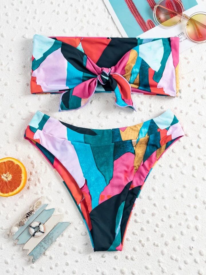 Colorful Bikini Set Knot Front Bandeau Top & High Cut Bottom 2 Piece Bathing Suit | SHEIN