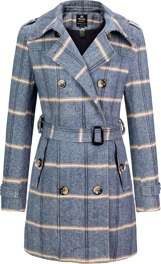 wantdo Women's Double Breasted Pea Coat Winter Mid-Long Trench Coat with Belt | Amazon (US)