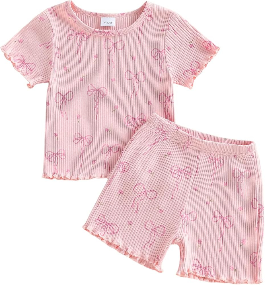 Amazon.com: Twopumpkin Toddler Baby Girl Summer Outfit Short Sleeve Ruffle T Shirts Short Sets Sp... | Amazon (US)