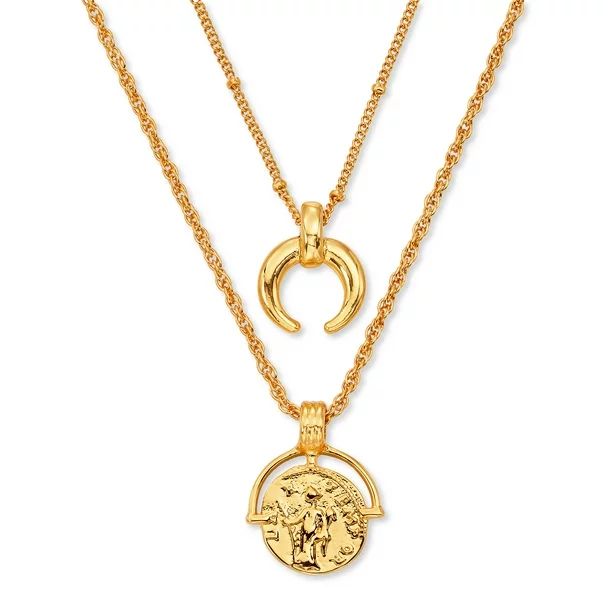 Scoop Brass Yellow Gold-Plated Medallion & Horn Necklace Set, 16" + 3" Extender | Walmart (US)