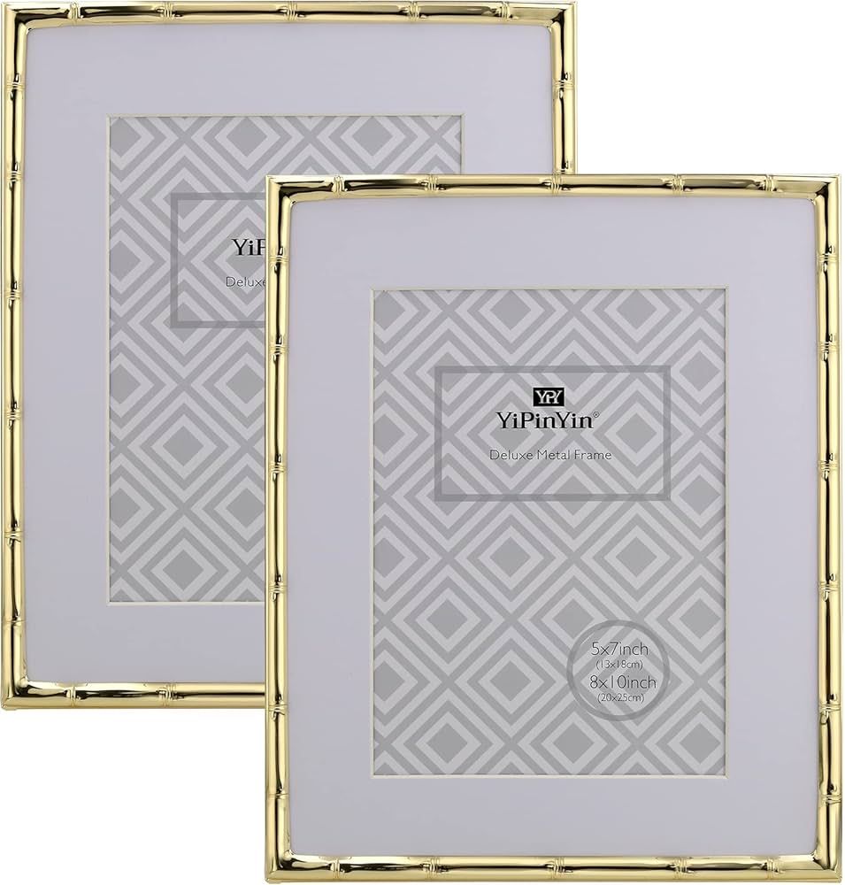 8x10'' Bamboo Detail Gold Metal Picture Frame with Mat for 5 X7'' Set of 2, Elegant Narrow Plated... | Amazon (US)