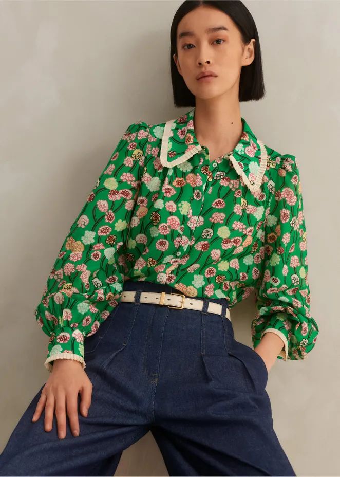 Silk Cotton Lantana Flower Print Shirt | ME+EM US