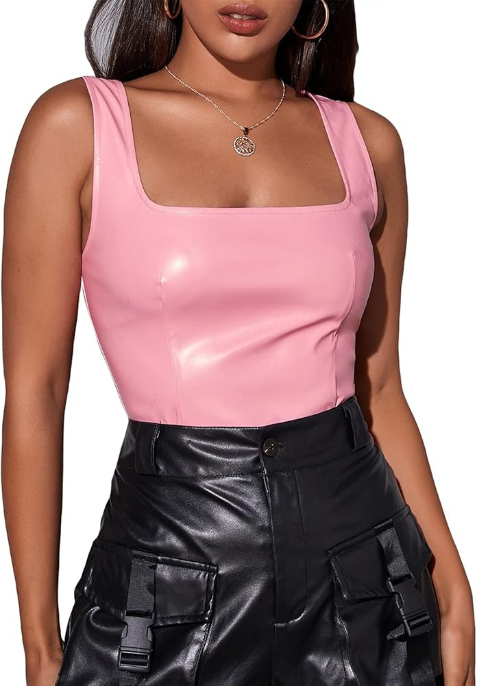 SOLY HUX Women's PU Leather Square Neck Sleeveless Zipper Back Crop Tank Tops | Amazon (US)