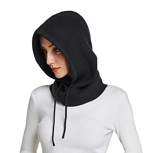 Facecozy Winter Hats for Women, Wool Blend Hooded Scarf Hat for Women Balaclava Knit Skull Cap Beanie Hat Men Neck Gaiters Black | Amazon (US)