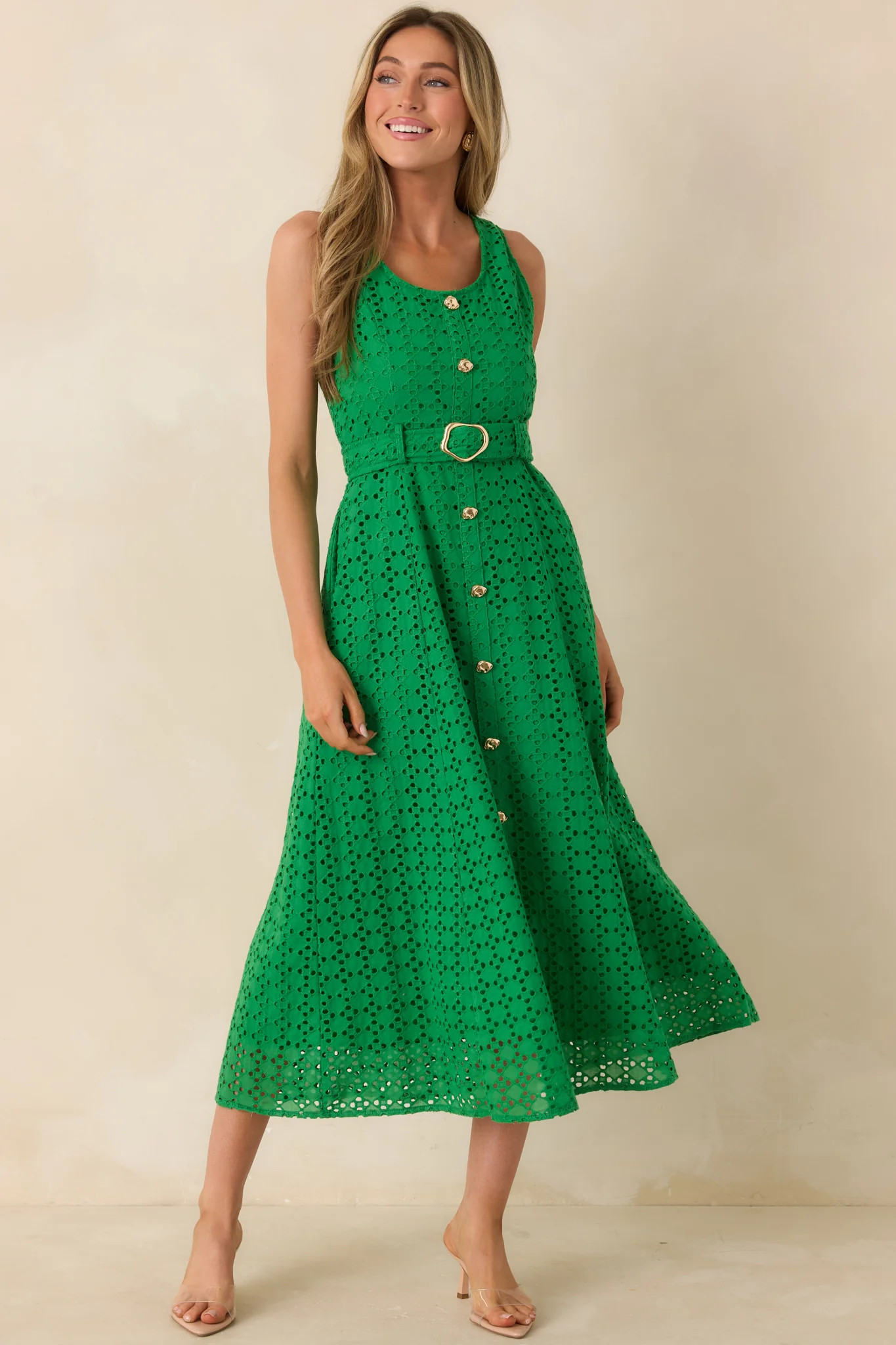 Garden Society Green Cotton Eyelet Sleeveless Midi Dress | Red Dress