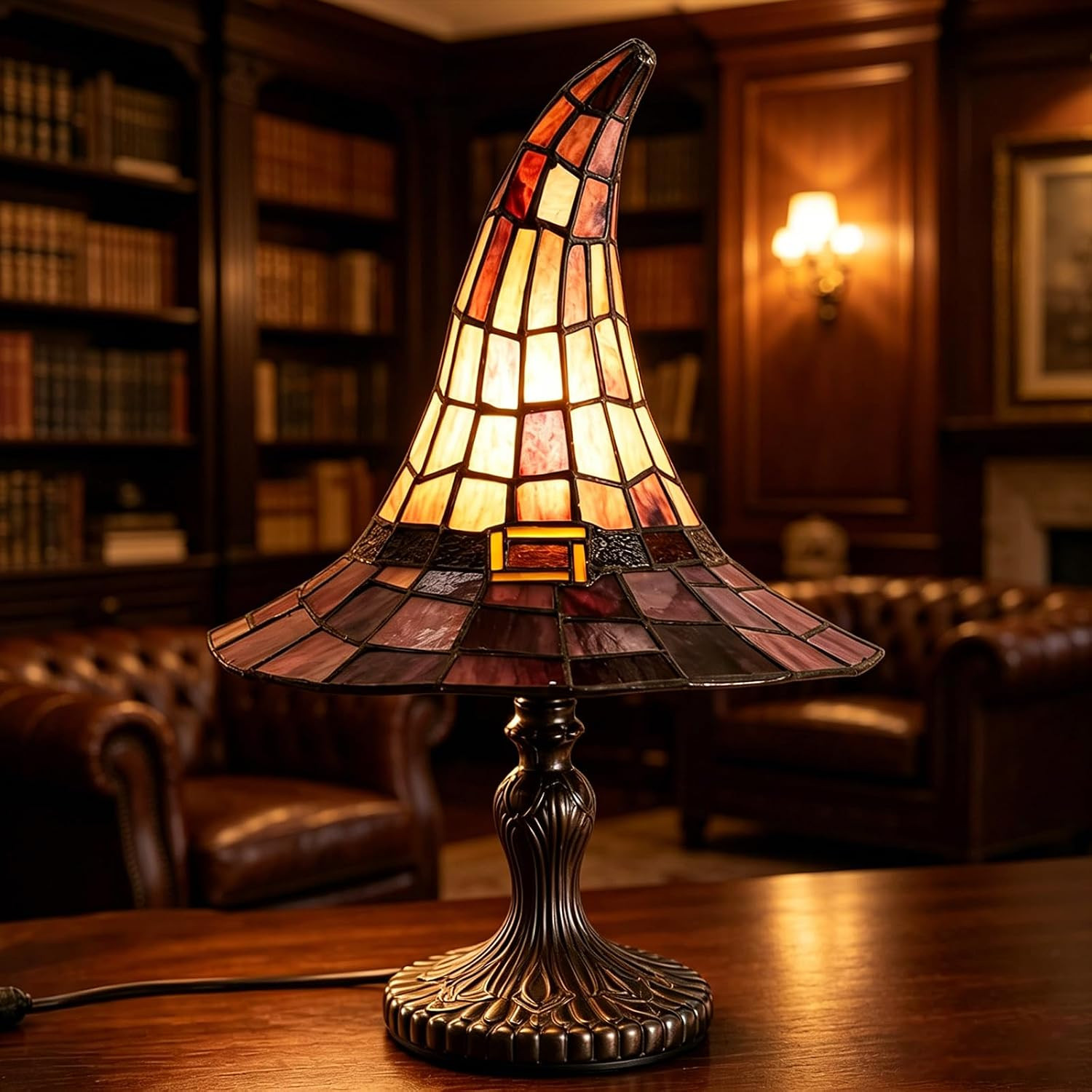 Stained Glass Style Witch Hat Lamp - Handcrafted Retro Resin Witch Lamp, USB Powered Gothic Wizard Hats Night Light, Halloween Decor Accent Lamps for Bedroom Bookshelf Office | Amazon (US)