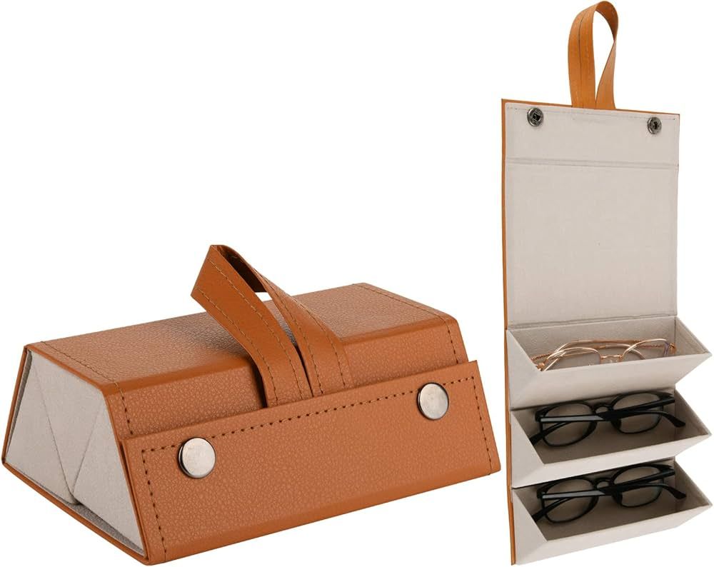 Beautyflier 3 Slot Sunglasses Organizer Case, PU Leather Foldable Eyeglasses Storage Box | Amazon (US)