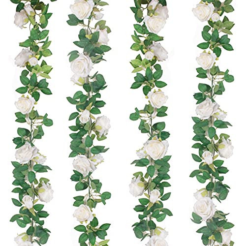 TELDRASSIL 4Pcs(26 FT) Artificial Rose Vine Fake Flower Garland Fake Silk Rose Hanging Vine for Wedding Party Background Arch Garden Background Decoration (White) | Amazon (US)