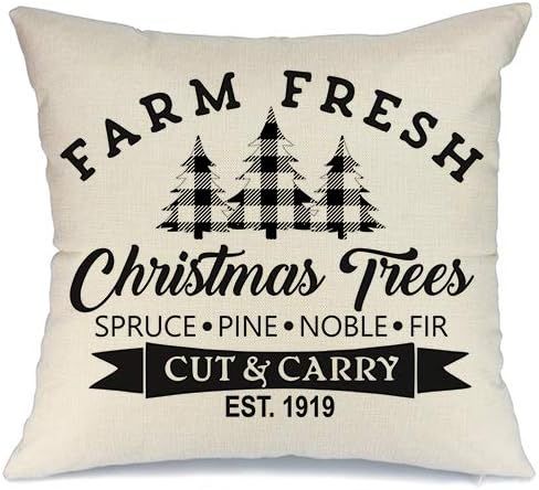 AENEY Farmhouse Christmas Plaid Pillow Cover 18x18 inch Farm Fresh Christmas Tree Buffalo Check T... | Amazon (US)