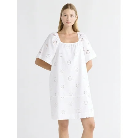 Free Assembly Women's Square Neck Eyelet Mini Dress with Short Sleeves, Sizes XS-XXL | Walmart (US)