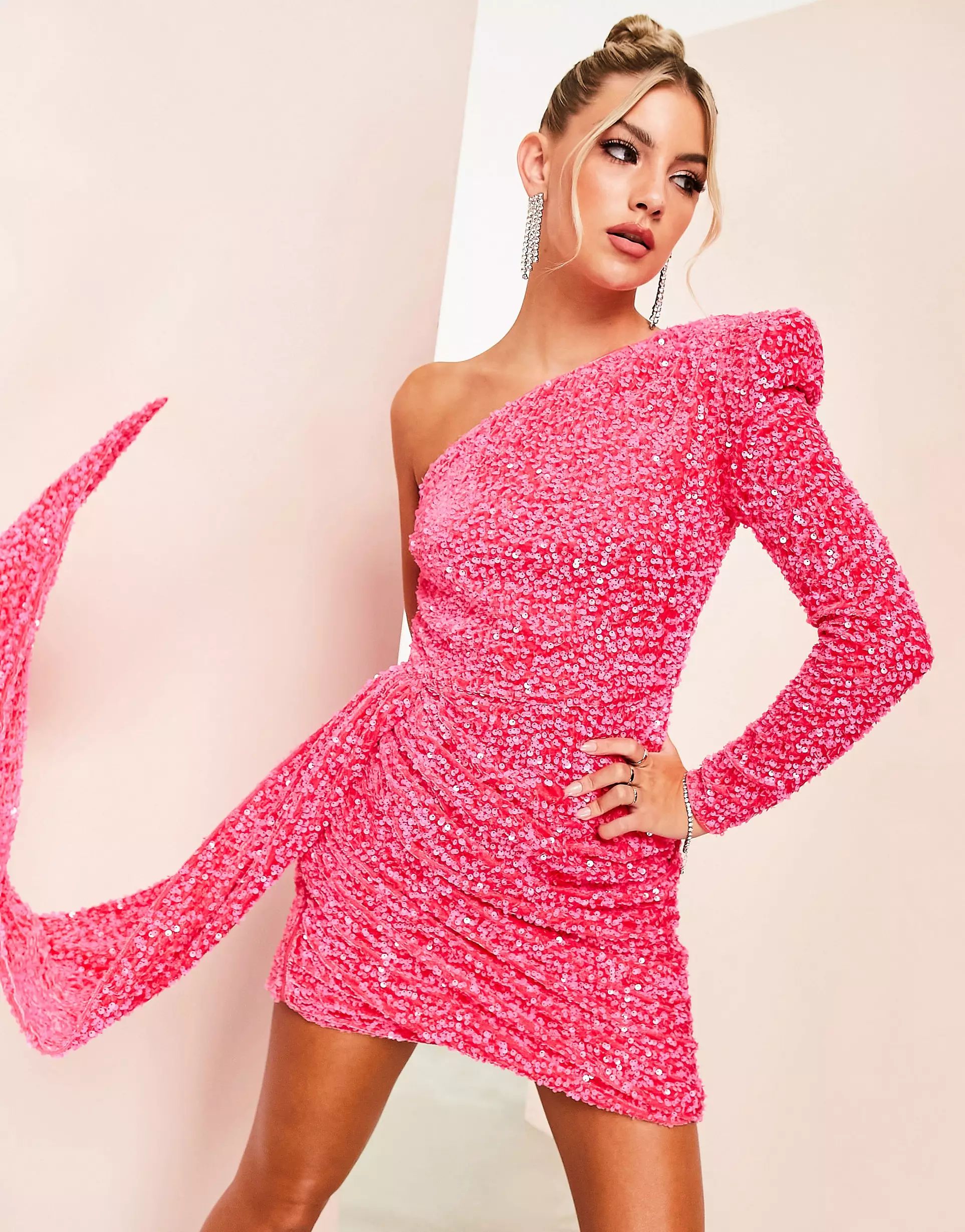 ASOS LUXE one shoulder asymmetric draped mini dress in pink sequin | ASOS | ASOS (Global)