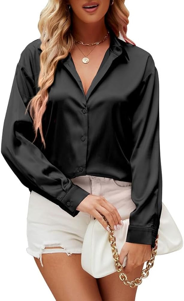 Damipow Satin Silk Button Down Shirts for Women Dress Shirts Long Sleeve Blouses Womens Shirts | Amazon (US)