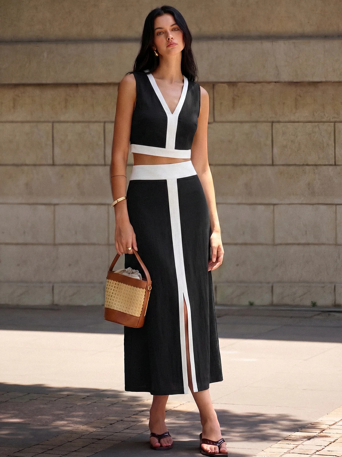 Contrast Trim Crop Top & Slit Midi Skirt Set | Commense