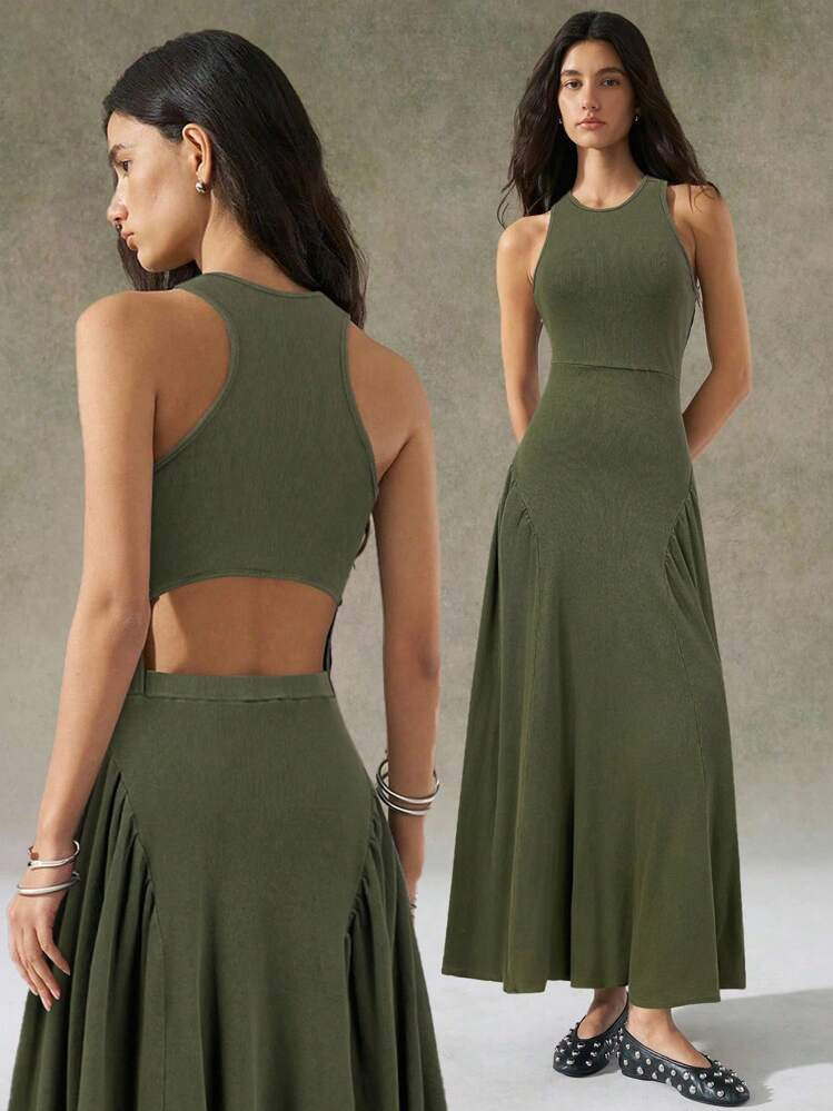 LYSMO 2025 New Arrival Women's Military Green Distressed Wash Sleeveless Backless Long Dress For Summer Business Casual Woman | SHEIN