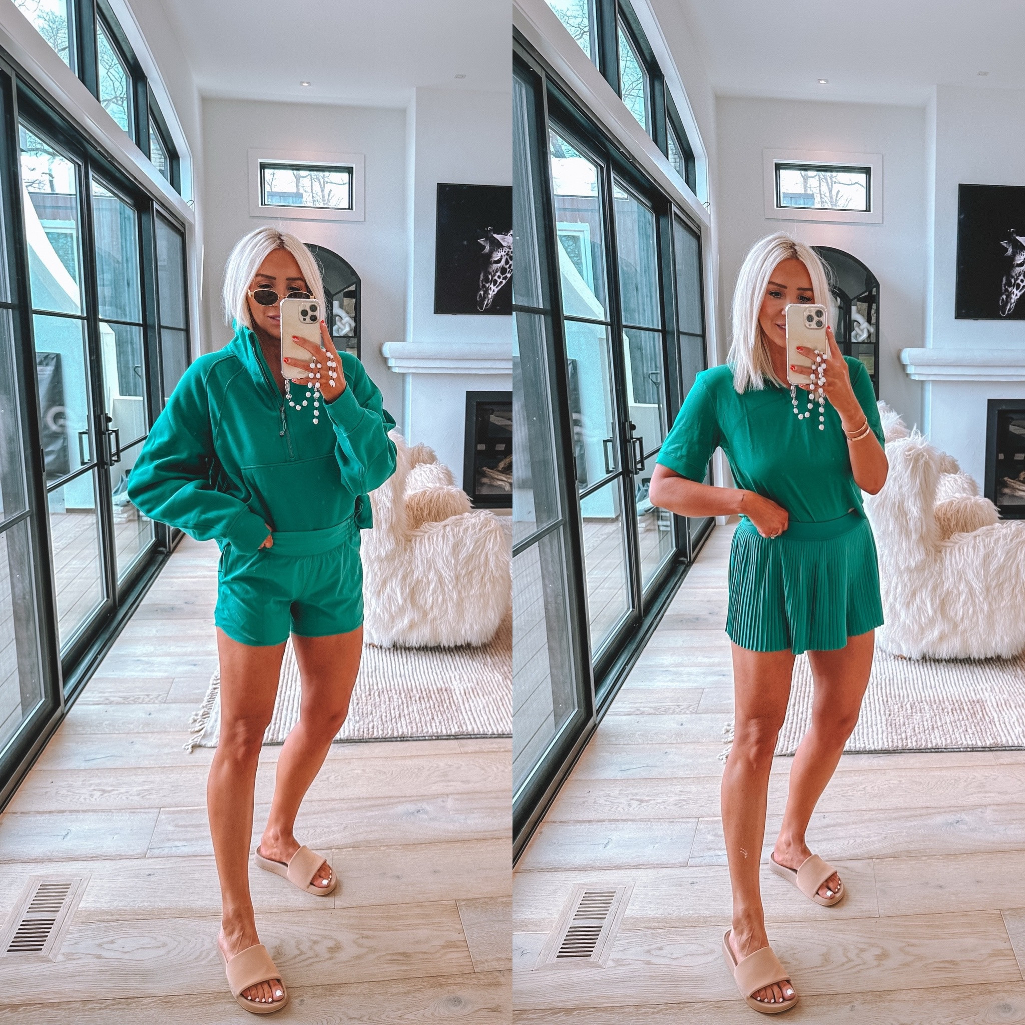 Obsessed with this Cascadia Green color 🤌 wearing a 6 in shorts and skirt & tee and a xl in sweatshirt 