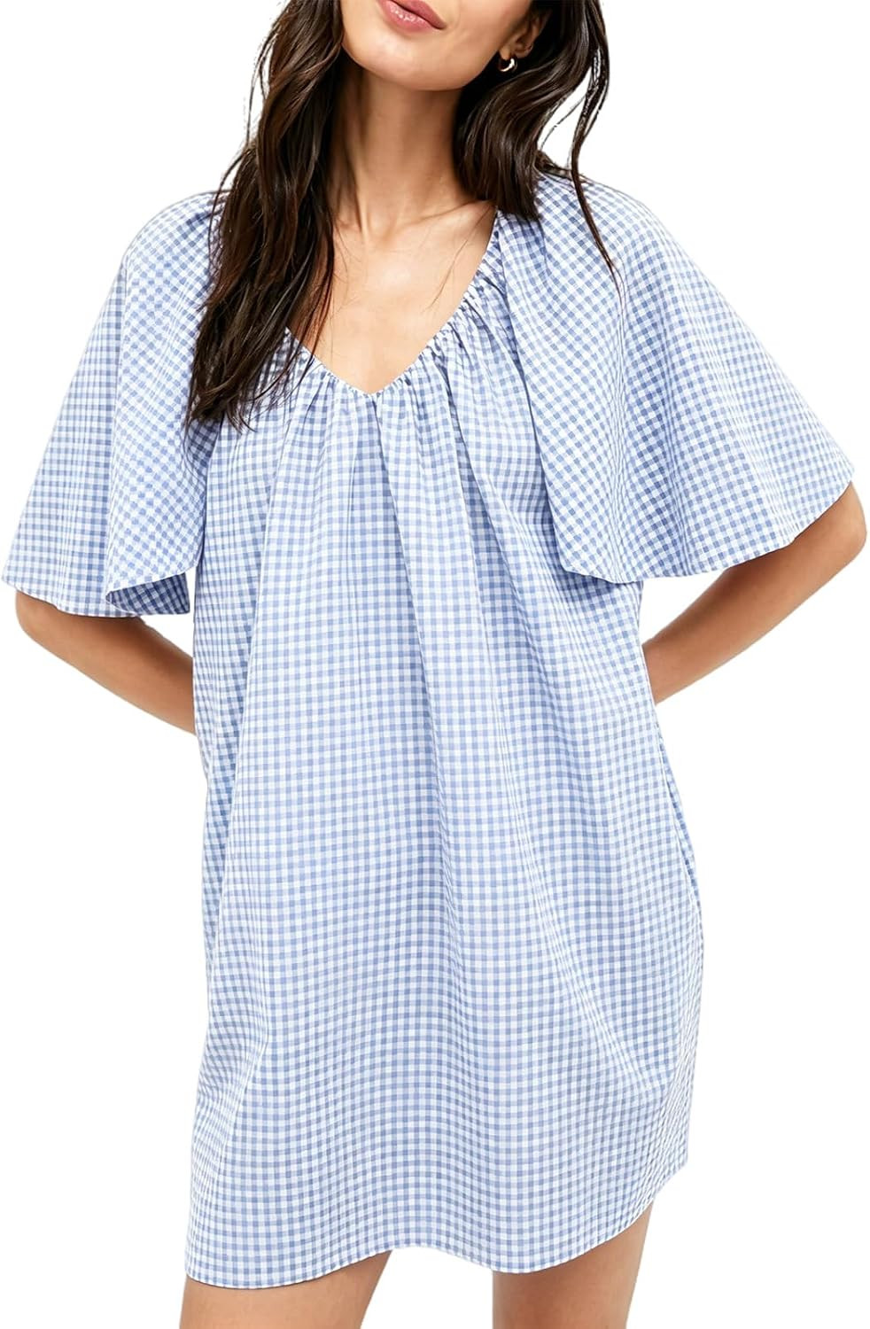 KEOMUD Women's Summer Gingham Dress Casual V Neck A Line Plaid Dress with Flutter Sleeve | Amazon (US)